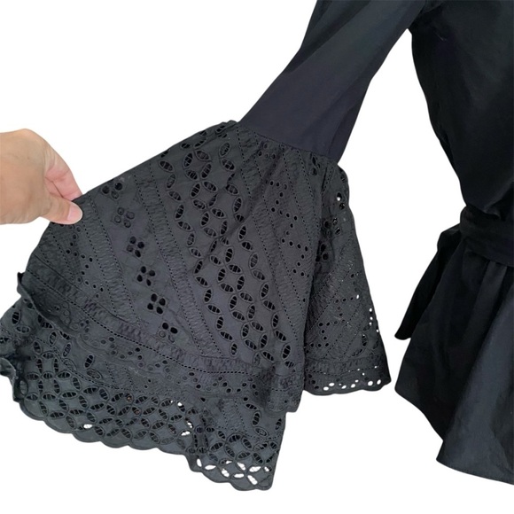 Rebecca Minkoff Melly Eyelet Bell Sleeve Wrap Top Black NWOT Boho Victorian XXS - Picture 3 of 11